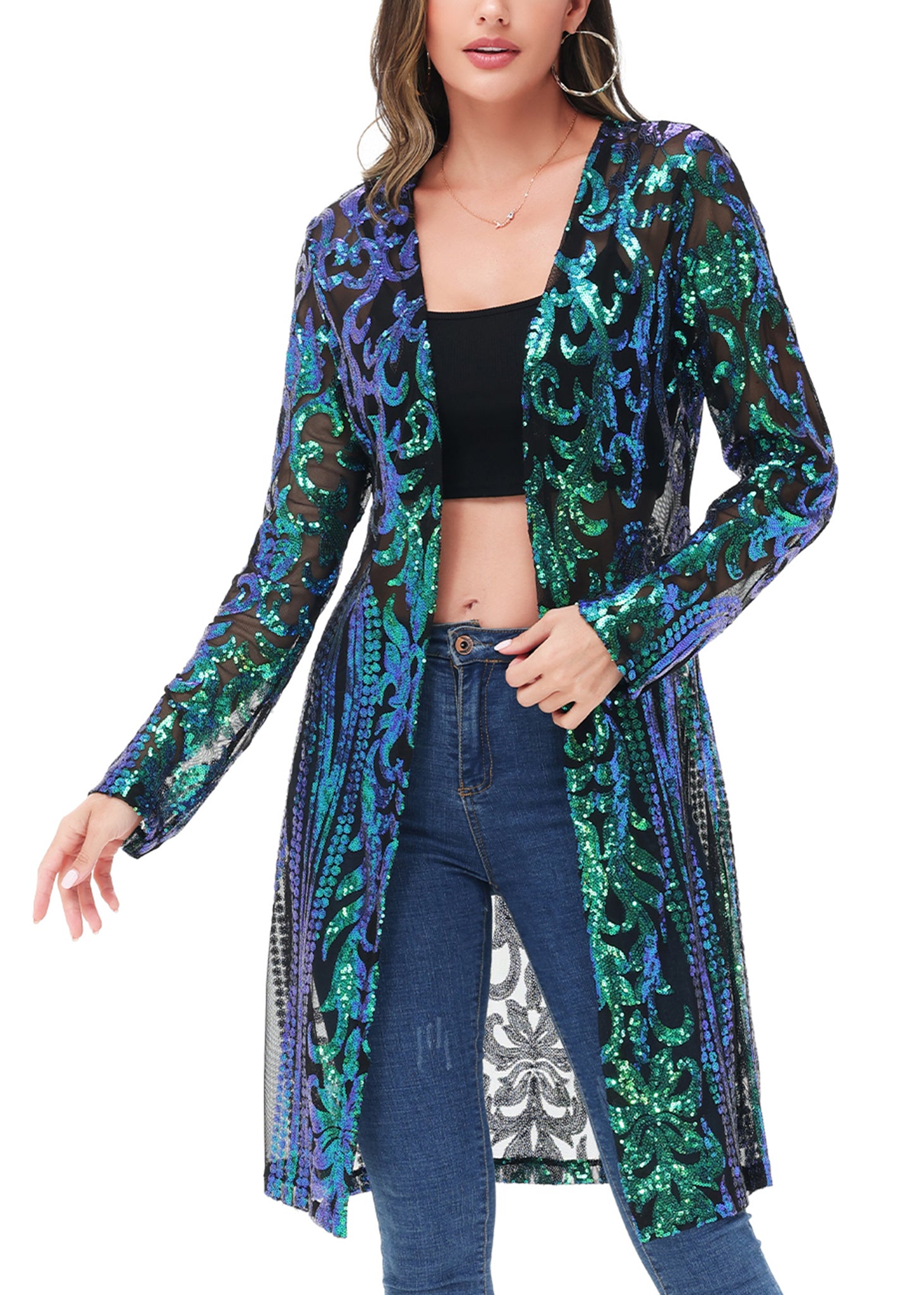Women's Sparkly Sequin Cardigan Long Sleeve Open Front Glitter Kimono - Picture 29 of 34
