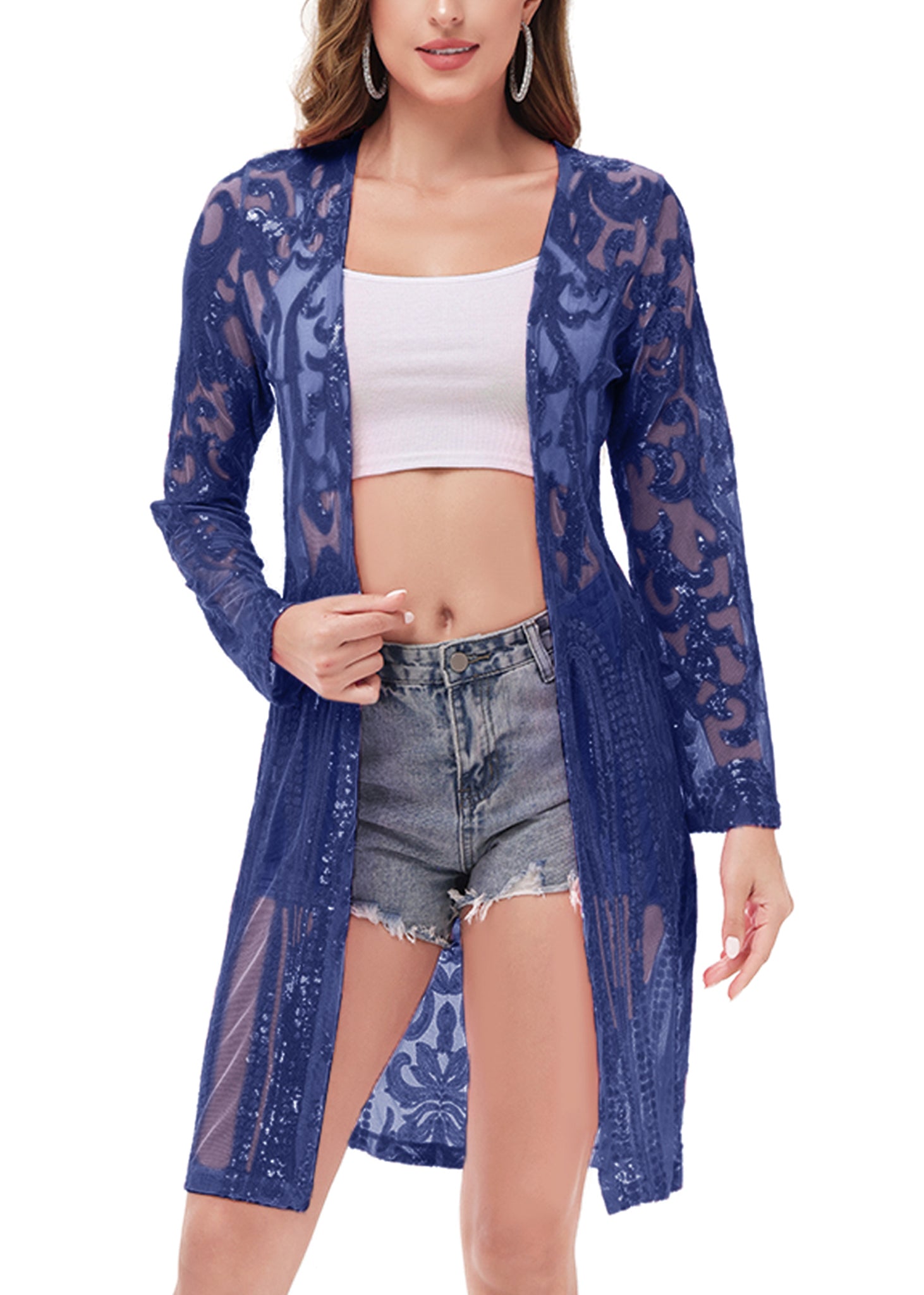 Women's Sparkly Sequin Cardigan Long Sleeve Open Front Glitter Kimono - Picture 30 of 34