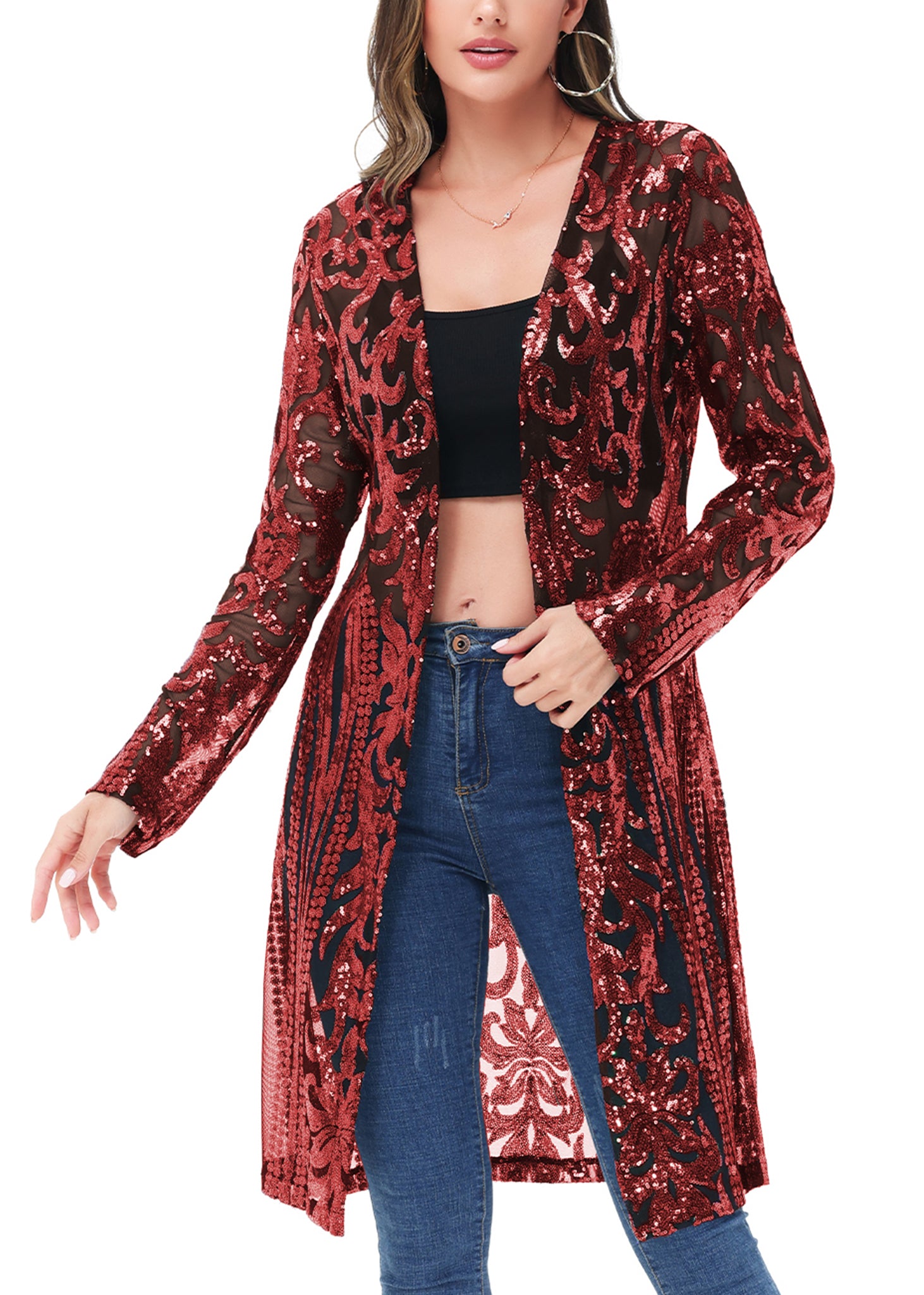 Women's Sparkly Sequin Cardigan Long Sleeve Open Front Glitter Kimono - Picture 31 of 34