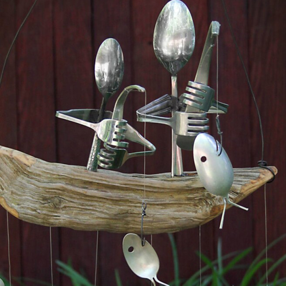 Fisherman Sculptures Wind Chime Garden Wooden Boat Fishing Man Hanging Ornament - Picture 16 of 17