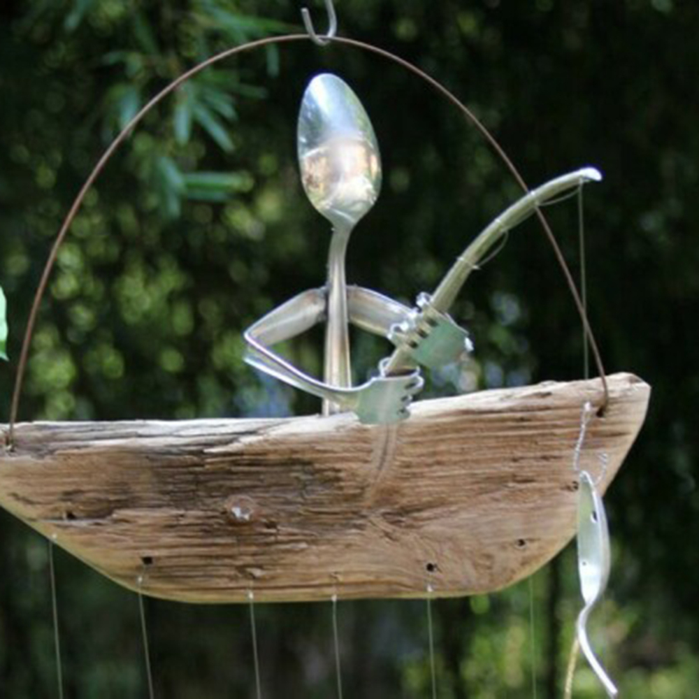 Fisherman Sculptures Wind Chime Garden Wooden Boat Fishing Man Hanging Ornament - Picture 17 of 17