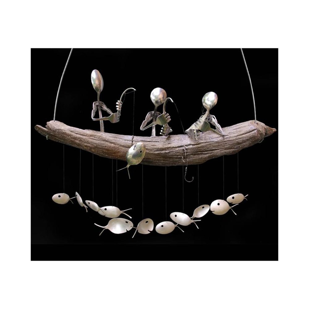 Fisherman Sculptures Wind Chime Garden Wooden Boat Fishing Man Hanging Ornament - Picture 15 of 17