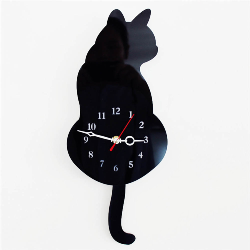 Wall Clock Cute Cat Tail Wagging Pendulum Quartz Clock For Home Decor