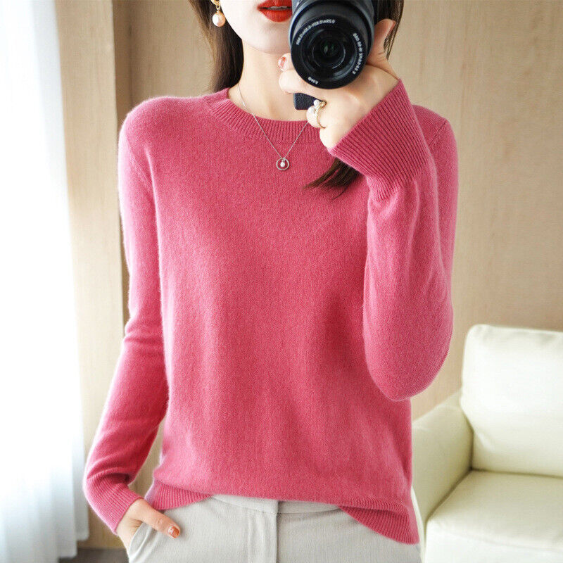 Women Faux Wool Cashmere Sweater Knitted Pullover Slim Crew Neck ...