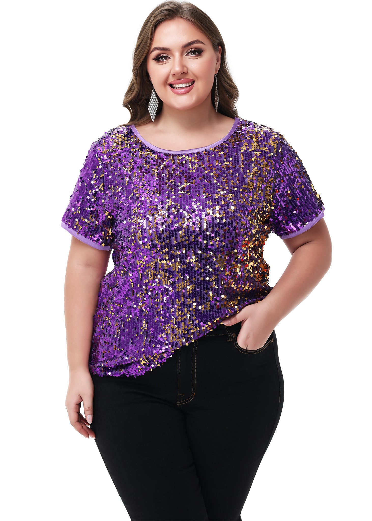 Women's Sequin Tops Plus Size Round Neck Sparkle Glitter Short Sleeve Blouse - Picture 31 of 32