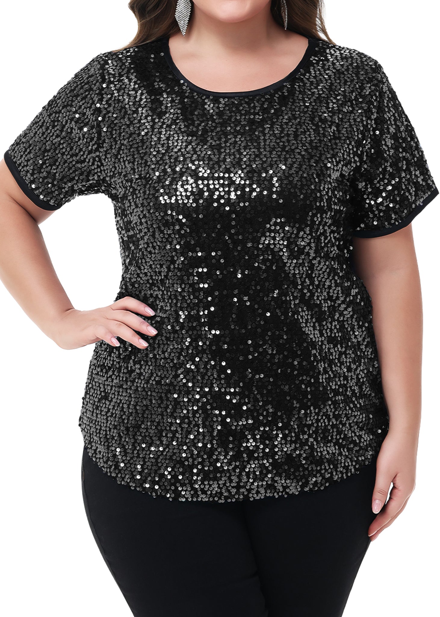 Women's Sequin Tops Plus Size Round Neck Sparkle Glitter Short Sleeve Blouse - Picture 25 of 32