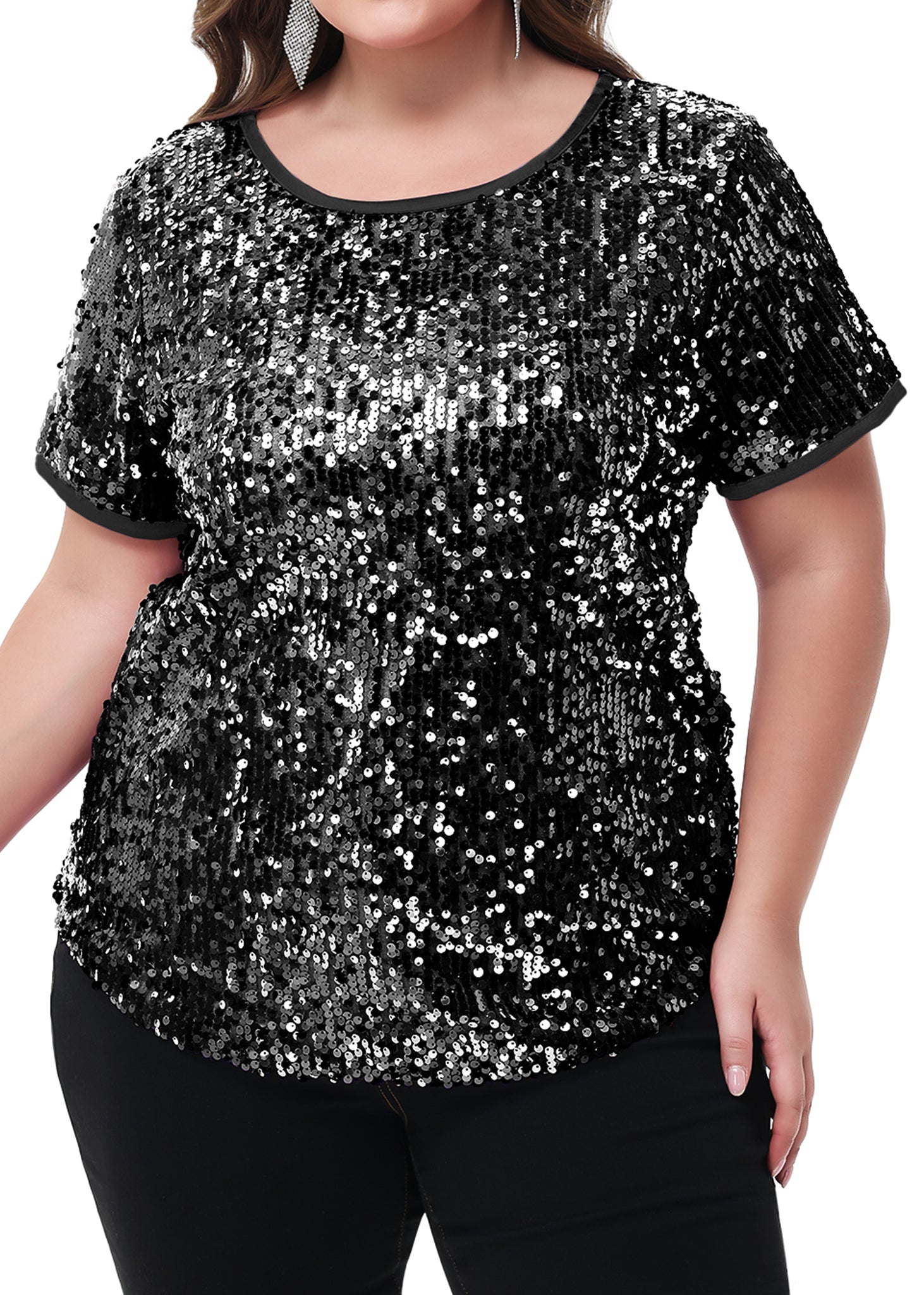 Women's Sequin Tops Plus Size Round Neck Sparkle Glitter Short Sleeve Blouse - Picture 26 of 32
