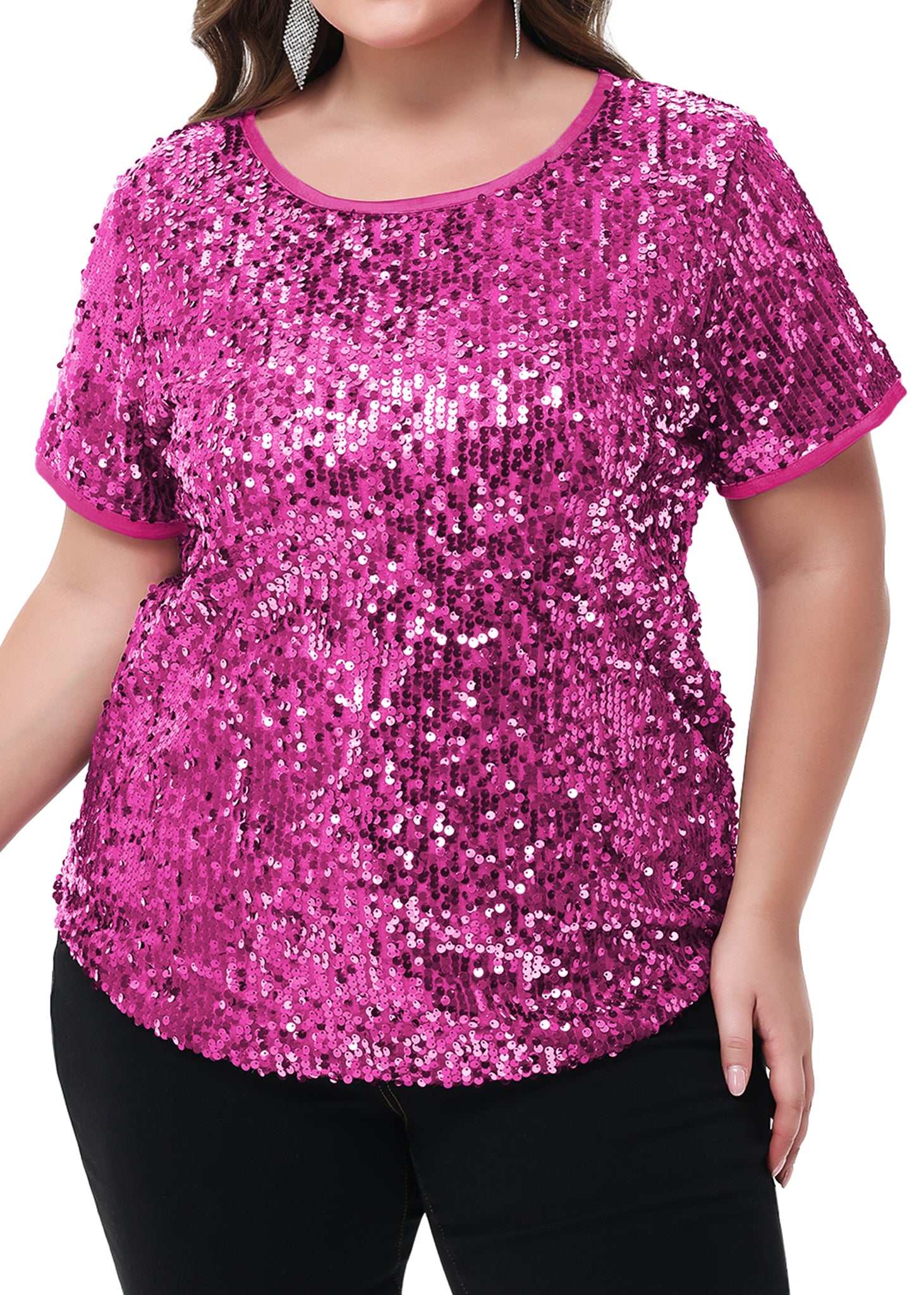 Women's Sequin Tops Plus Size Round Neck Sparkle Glitter Short Sleeve Blouse - Picture 27 of 32