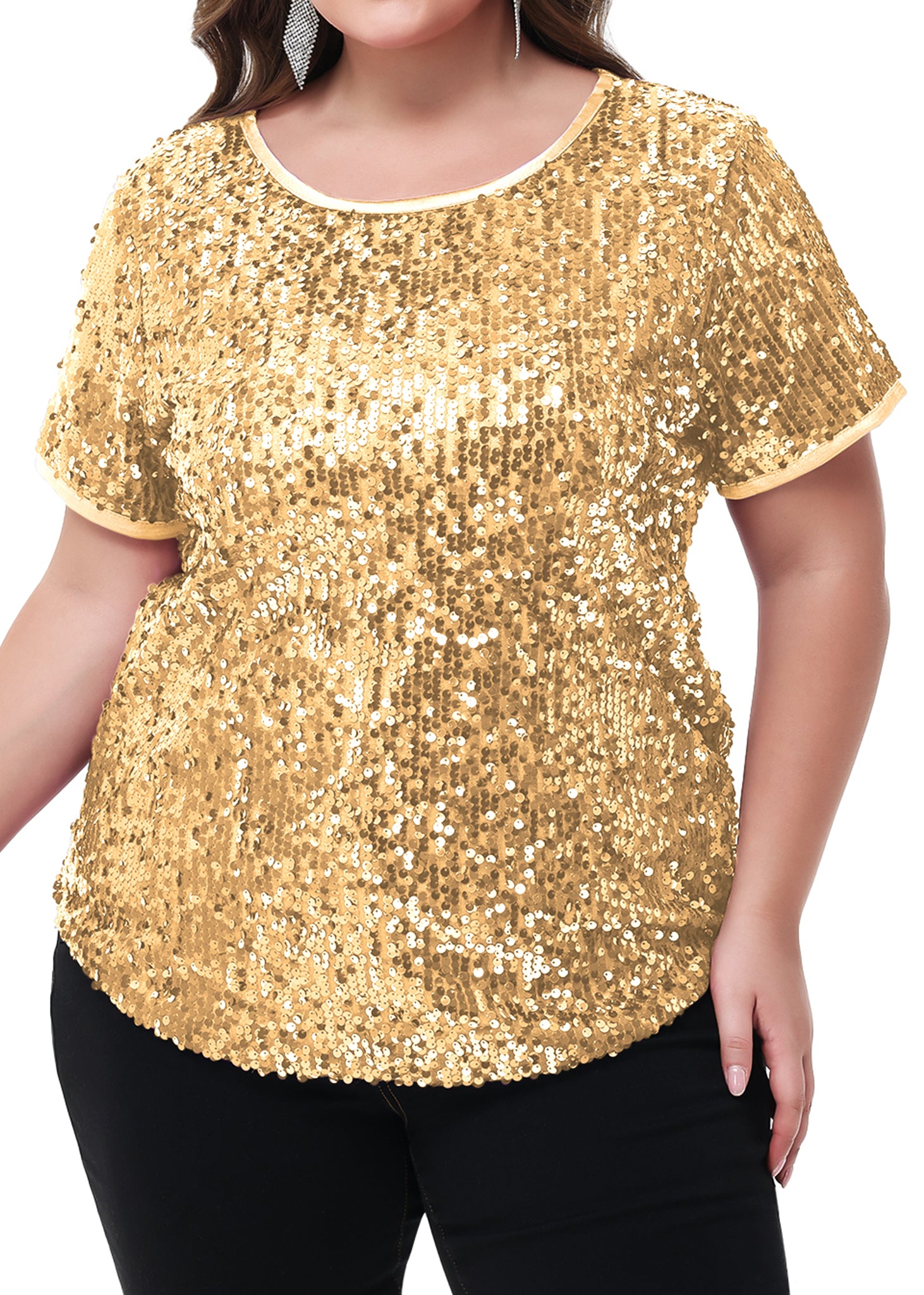Women's Sequin Tops Plus Size Round Neck Sparkle Glitter Short Sleeve Blouse - Picture 28 of 32