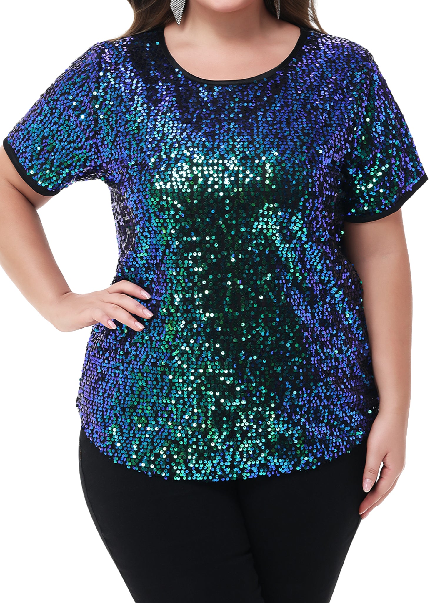 Women's Sequin Tops Plus Size Round Neck Sparkle Glitter Short Sleeve Blouse - Picture 29 of 32