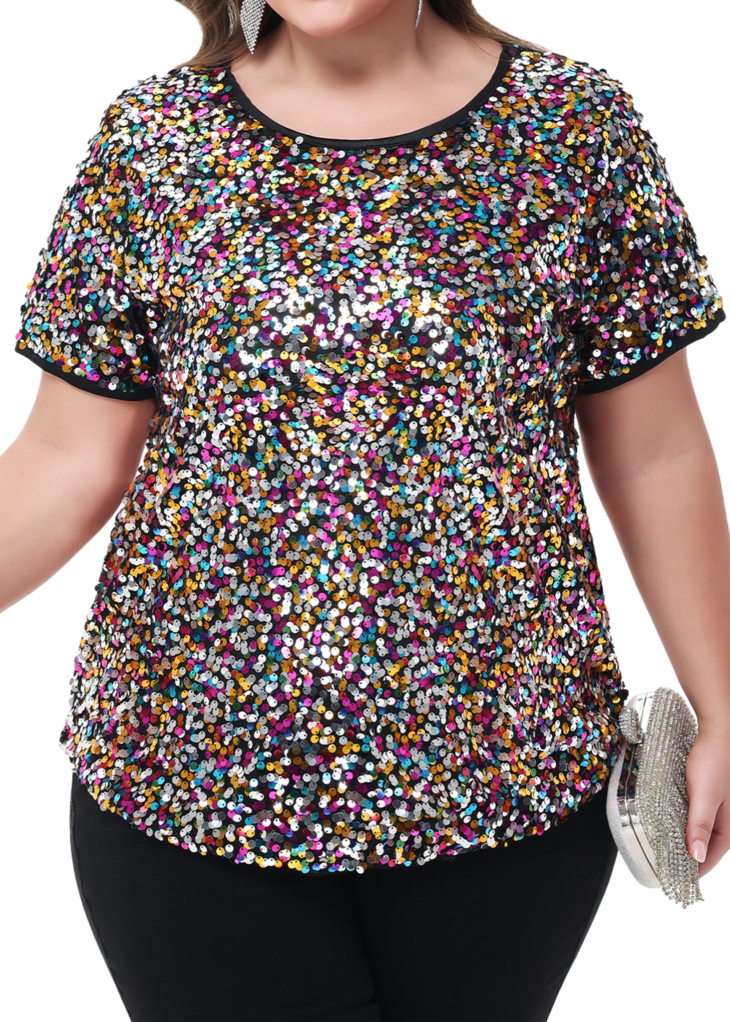 Women's Sequin Tops Plus Size Round Neck Sparkle Glitter Short Sleeve Blouse - Picture 30 of 32