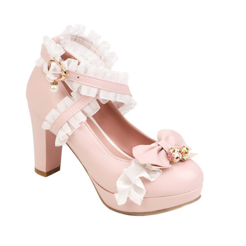 Womens Bowknot Pu Leather Round Toe Block Heels Buckle Straps Lolita Cute Shoes - Picture 23 of 26