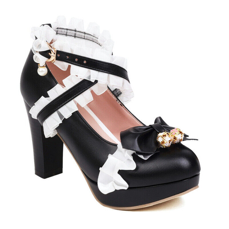 Womens Bowknot Pu Leather Round Toe Block Heels Buckle Straps Lolita Cute Shoes - Picture 22 of 26