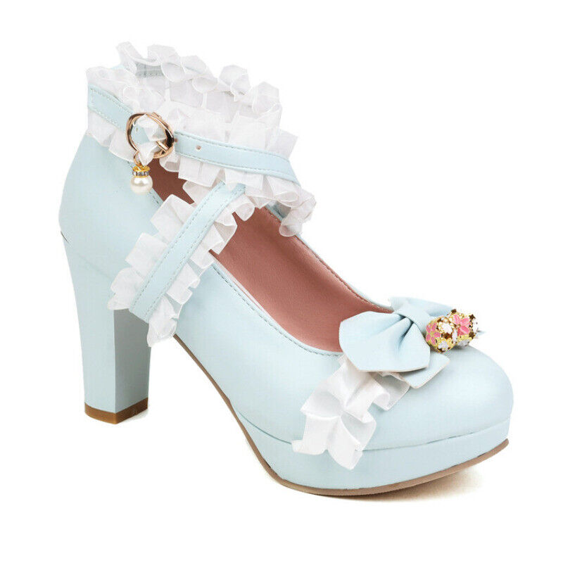 Womens Bowknot Pu Leather Round Toe Block Heels Buckle Straps Lolita Cute Shoes - Picture 26 of 26