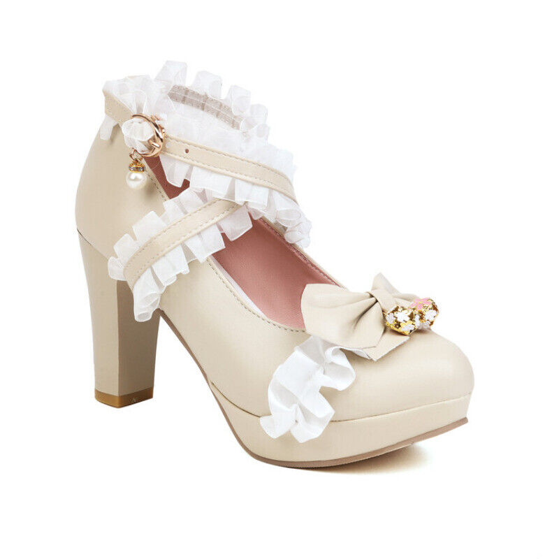 Womens Bowknot Pu Leather Round Toe Block Heels Buckle Straps Lolita Cute Shoes - Picture 24 of 26