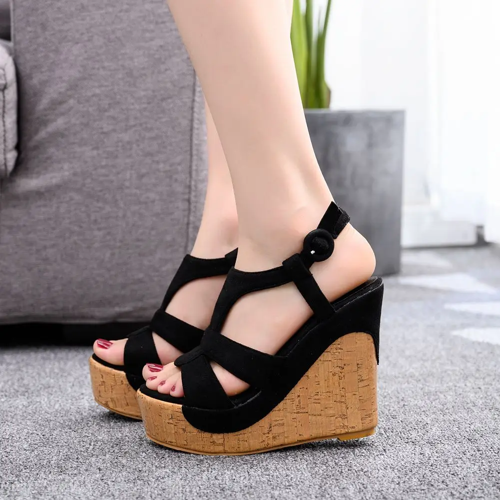 Damen-Sommersandalen Plateau Keilabsatz hohe Absätze Schnalle Riemen Pumps Partyschuhe - Bild 13 von 14