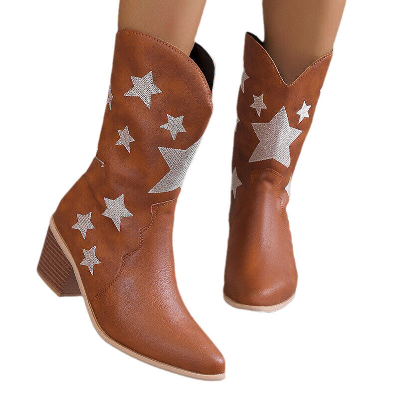 Cowgirl Boots Embroidered Western Boot V Cut Mid Calf Ladies Shoes Winter Womens - Picture 17 of 19