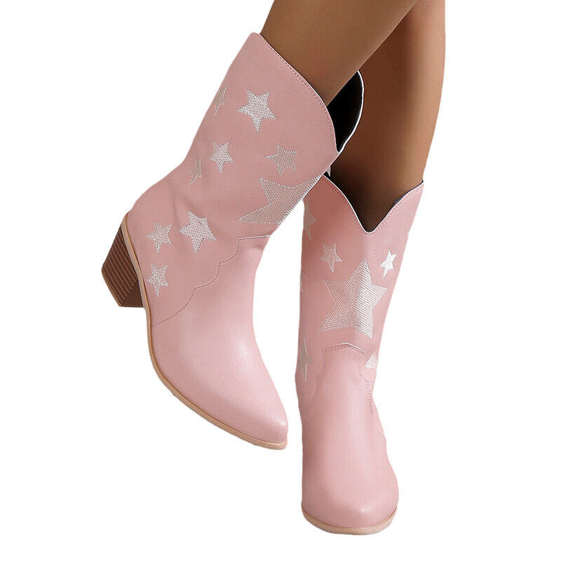 Cowgirl Boots Embroidered Western Boot V Cut Mid Calf Ladies Shoes Winter Womens - Picture 18 of 19