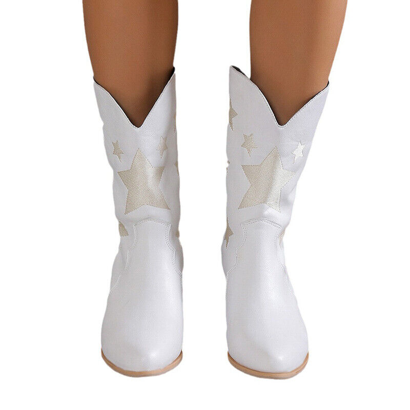 Cowgirl Boots Embroidered Western Boot V Cut Mid Calf Ladies Shoes Winter Womens - Picture 19 of 19