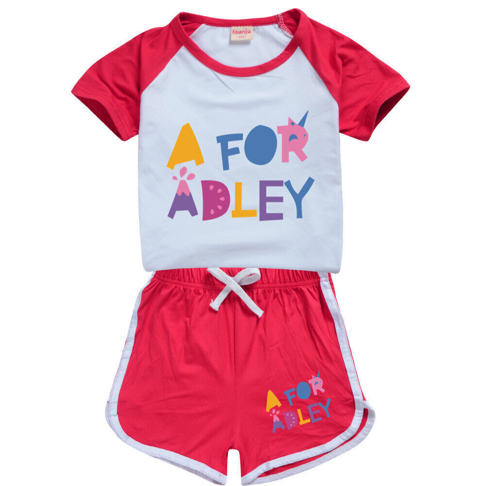 A for Adley Kids Girls Boys T-shirt + Short School T shirts Sports Top 100-170cm - Picture 29 of 48