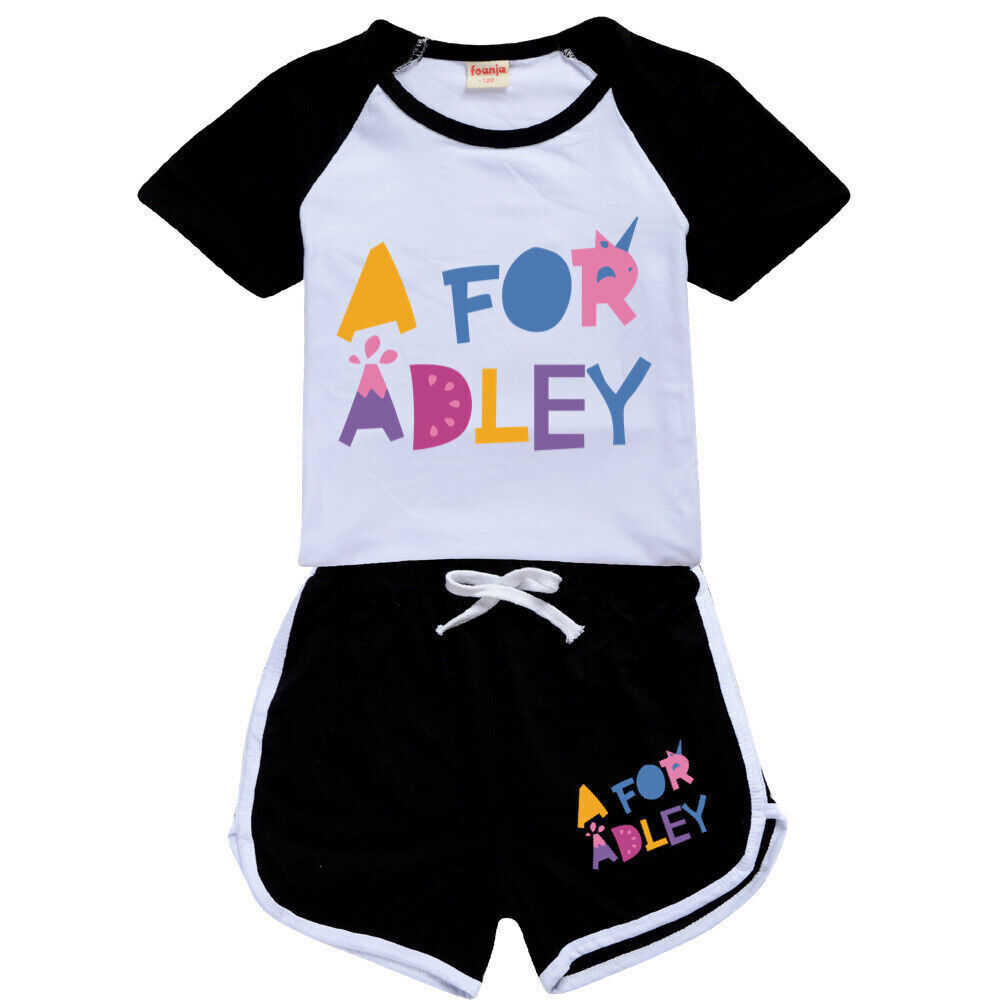 A for Adley Kids Girls Boys T-shirt + Short School T shirts Sports Top 100-170cm - Picture 28 of 48