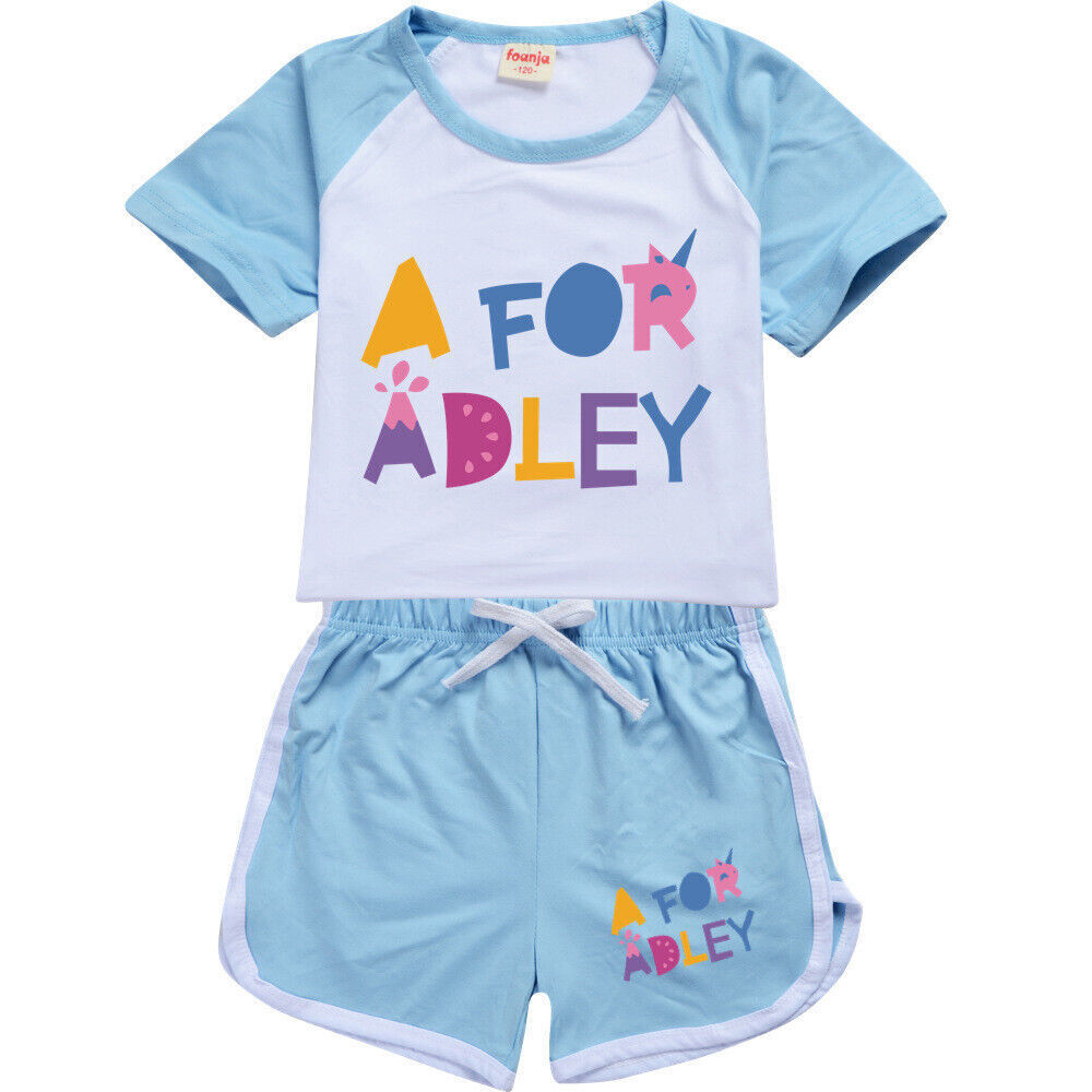 A for Adley Kids Girls Boys T-shirt + Short School T shirts Sports Top 100-170cm - Picture 25 of 48