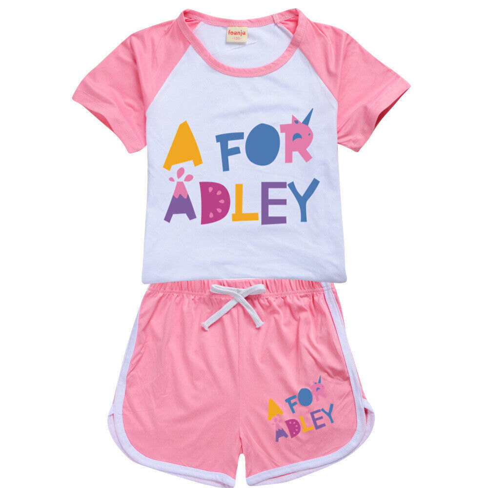 A for Adley Kids Girls Boys T-shirt + Short School T shirts Sports Top 100-170cm - Picture 26 of 48
