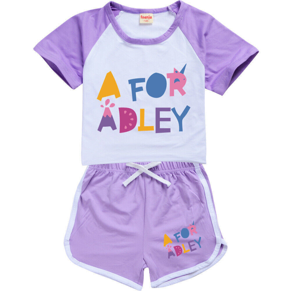 A for Adley Kids Girls Boys T-shirt + Short School T shirts Sports Top 100-170cm - Picture 32 of 48