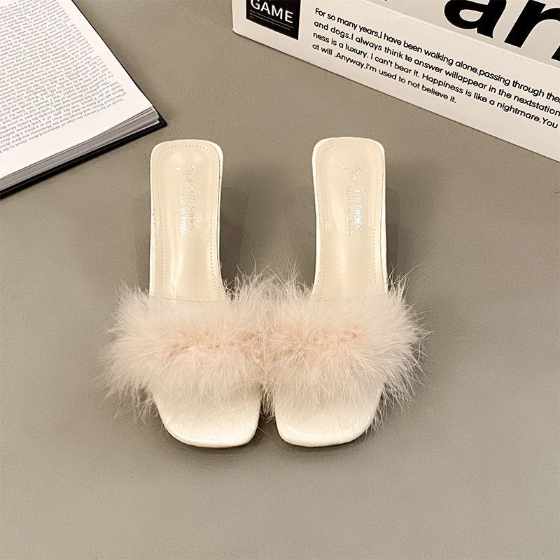 Women High Heels Slippers Fluffy Fur Peep Toe Stiletto Party Shoes Sandals Mules - Picture 18 of 20