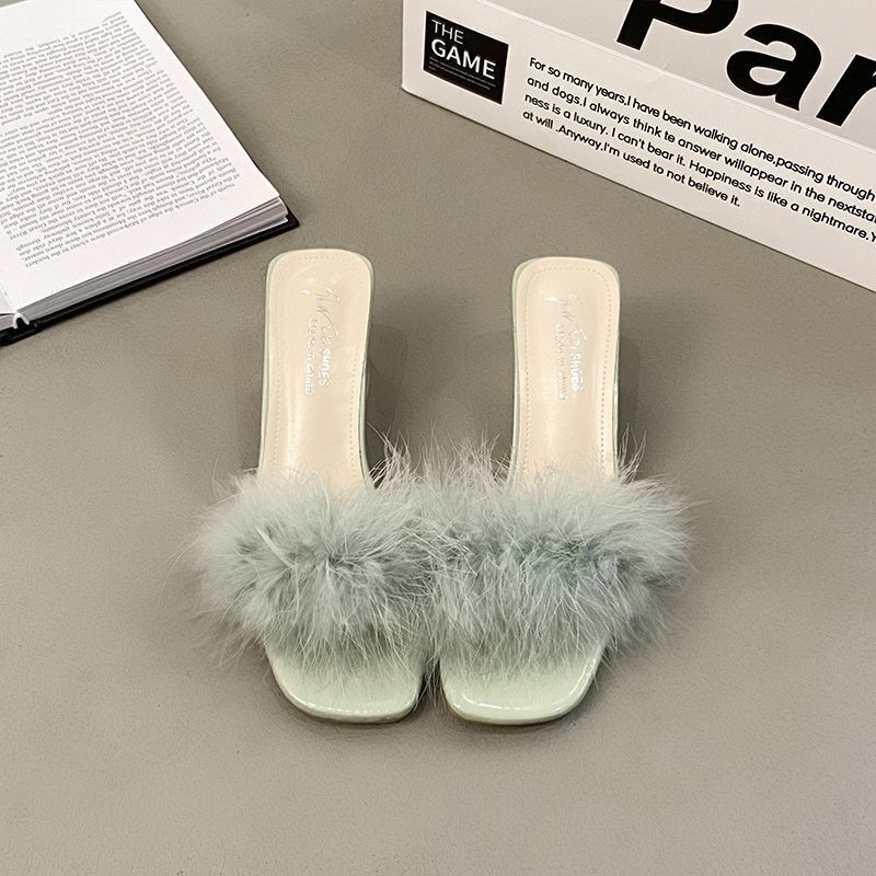Women High Heels Slippers Fluffy Fur Peep Toe Stiletto Party Shoes Sandals Mules - Picture 19 of 20