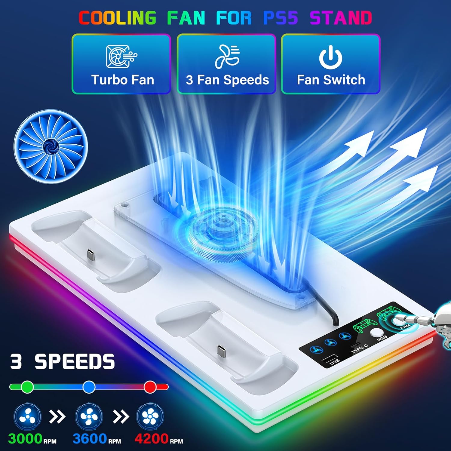 Cooling Station Stand for PS5/PS5 Slim with Controller Charging Base, USB HUB - Picture 12 of 18