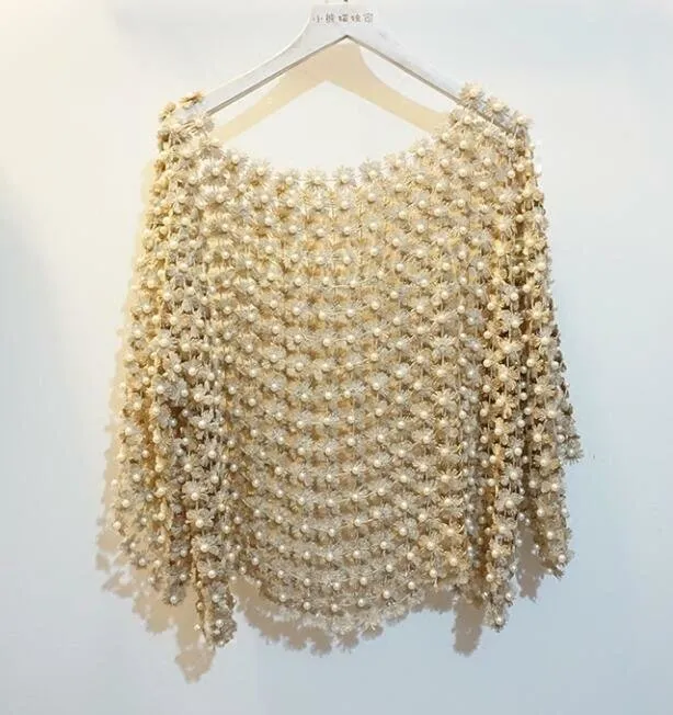 Women's Handmade Cape Pearl Beads Tops Hollow Out Lace Half Sleeve Loose Shirts - Picture 18 of 22