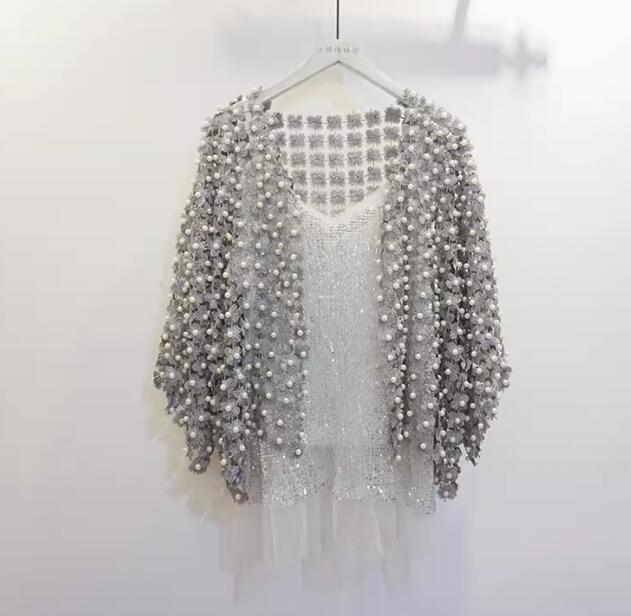 Women's Handmade Cape Pearl Beads Tops Hollow Out Lace Half Sleeve Loose Shirts - Picture 19 of 22