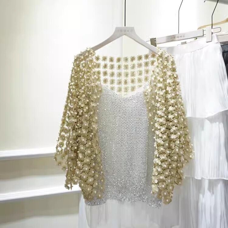 Women's Handmade Cape Pearl Beads Tops Hollow Out Lace Half Sleeve Loose Shirts - Picture 21 of 22