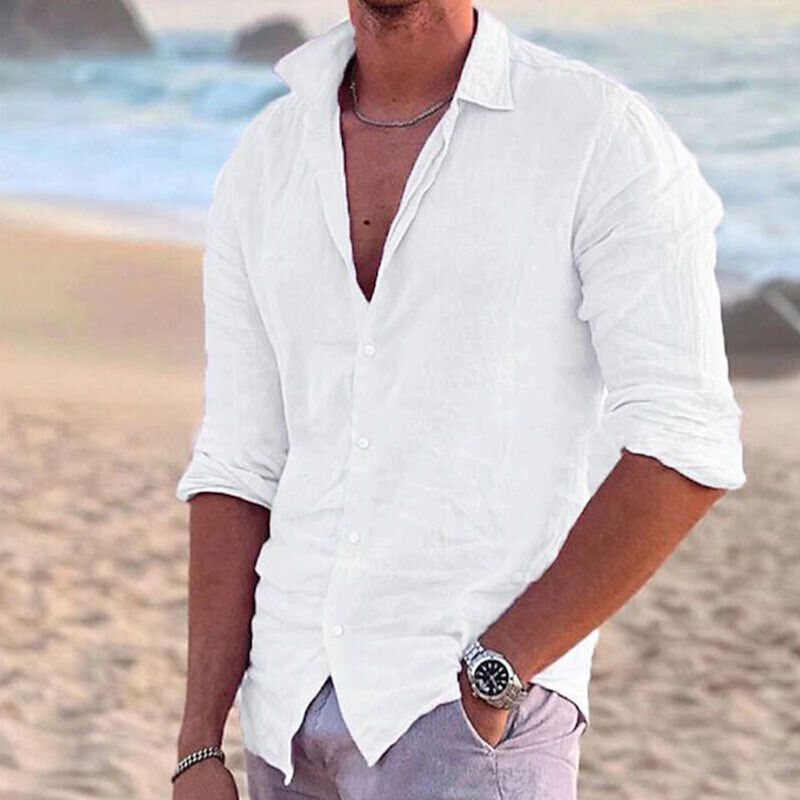 Men Casual Linen Shirt Long Sleeve Tops Plain Button Down Mens T Beach Solid - Picture 22 of 32