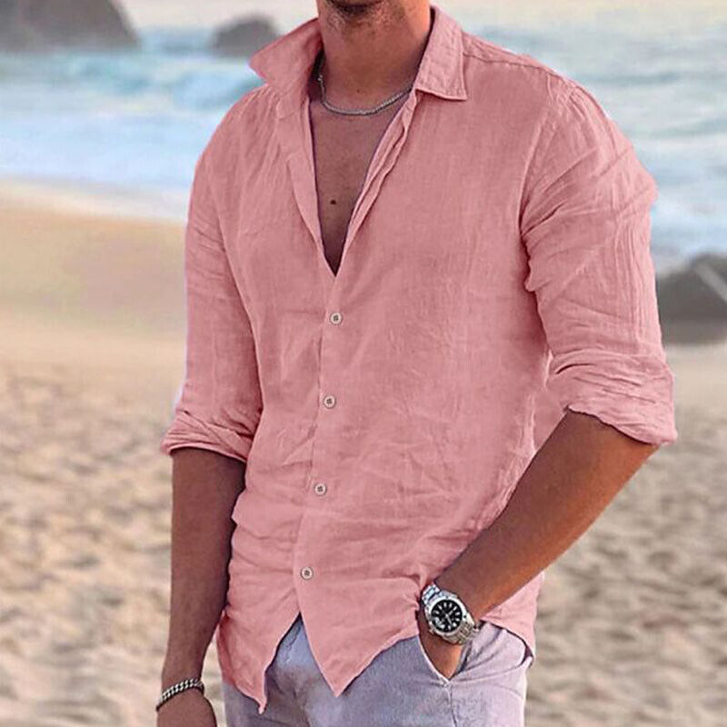 Men Casual Linen Shirt Long Sleeve Tops Plain Button Down Mens T Beach Solid - Picture 31 of 32