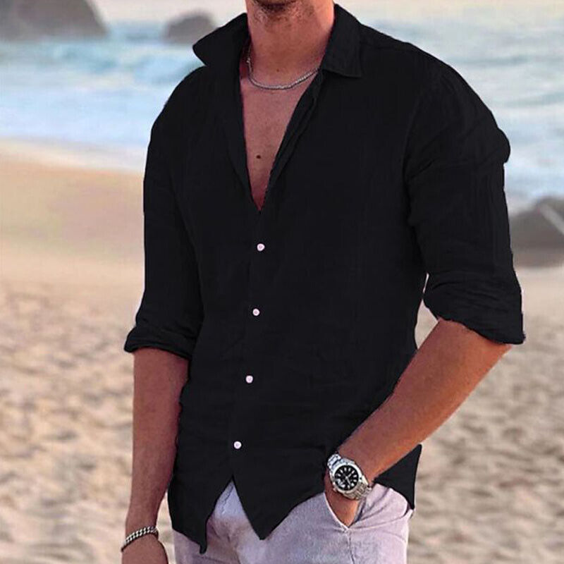 Men Casual Linen Shirt Long Sleeve Tops Plain Button Down Mens T Beach Solid - Picture 25 of 32
