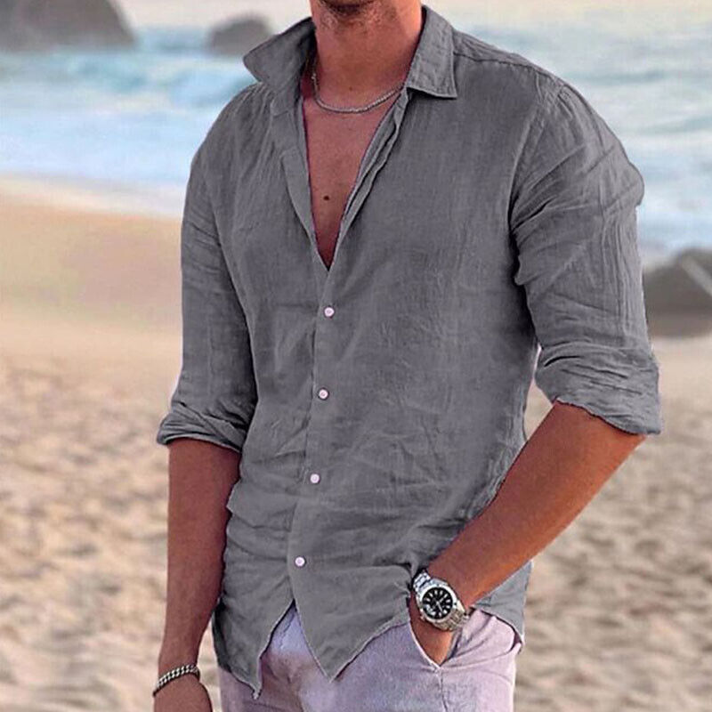 Men Casual Linen Shirt Long Sleeve Tops Plain Button Down Mens T Beach Solid - Picture 28 of 32
