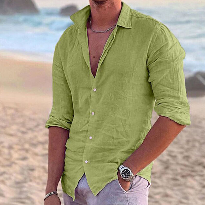 Men Casual Linen Shirt Long Sleeve Tops Plain Button Down Mens T Beach Solid - Picture 19 of 32