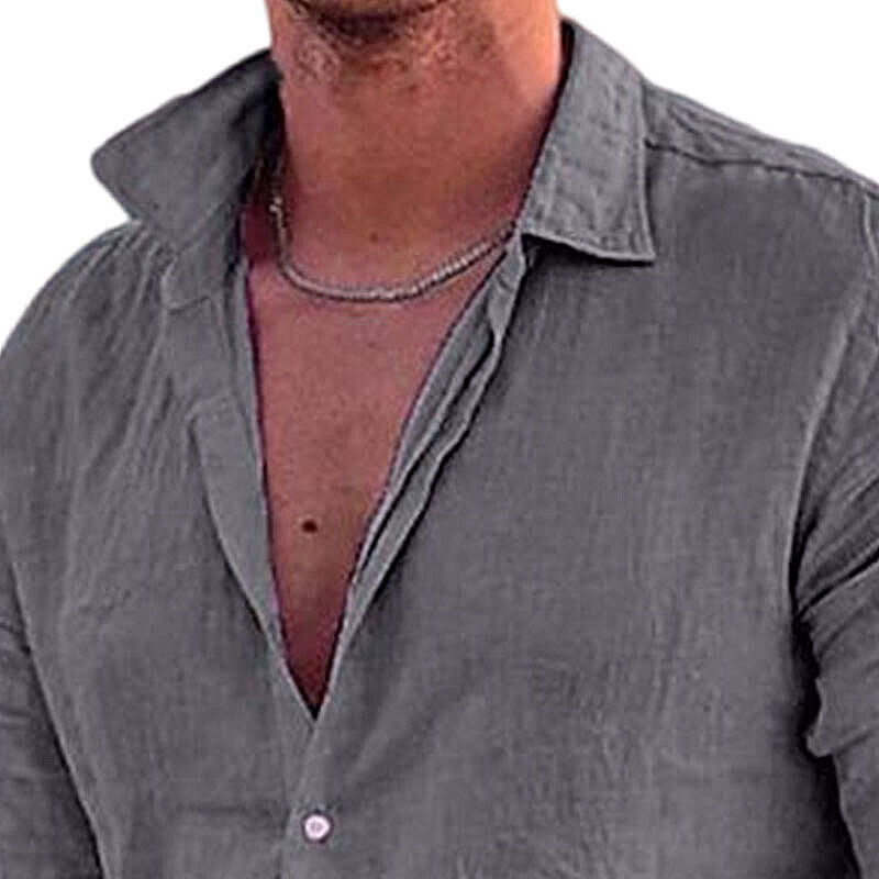 Men Casual Linen Shirt Long Sleeve Tops Plain Button Down Mens T Beach Solid - Picture 29 of 32