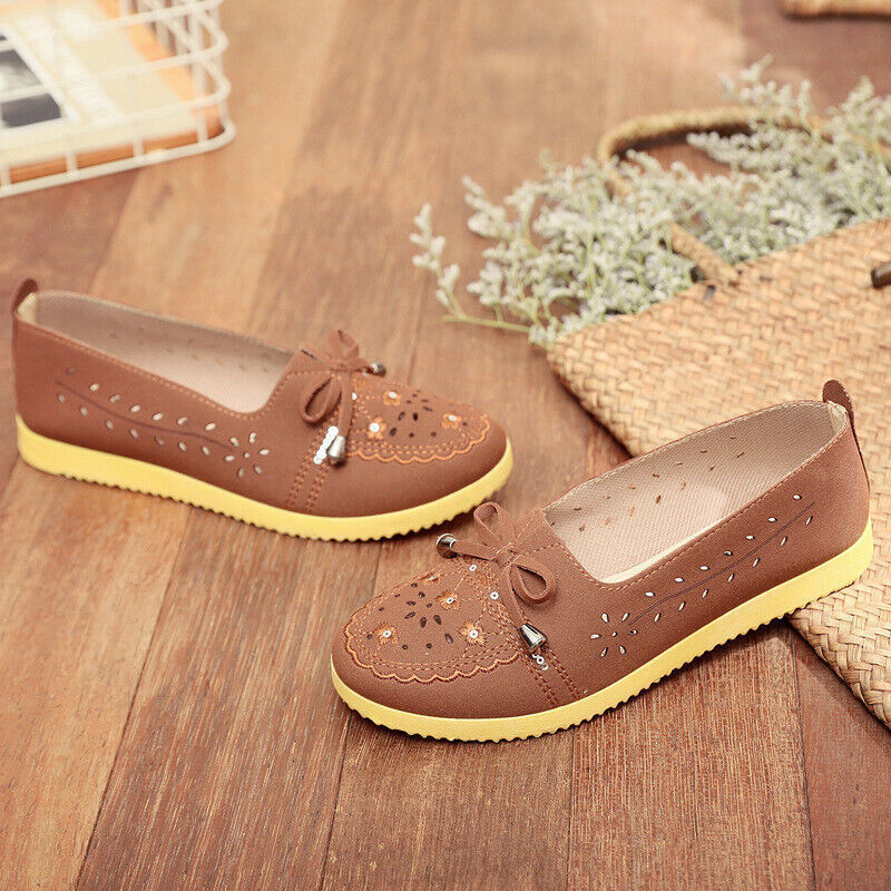 Women's Slip On Bow Hollow Out Flats Round Toe Comfortable Casual Walking Shoes - Picture 11 of 11
