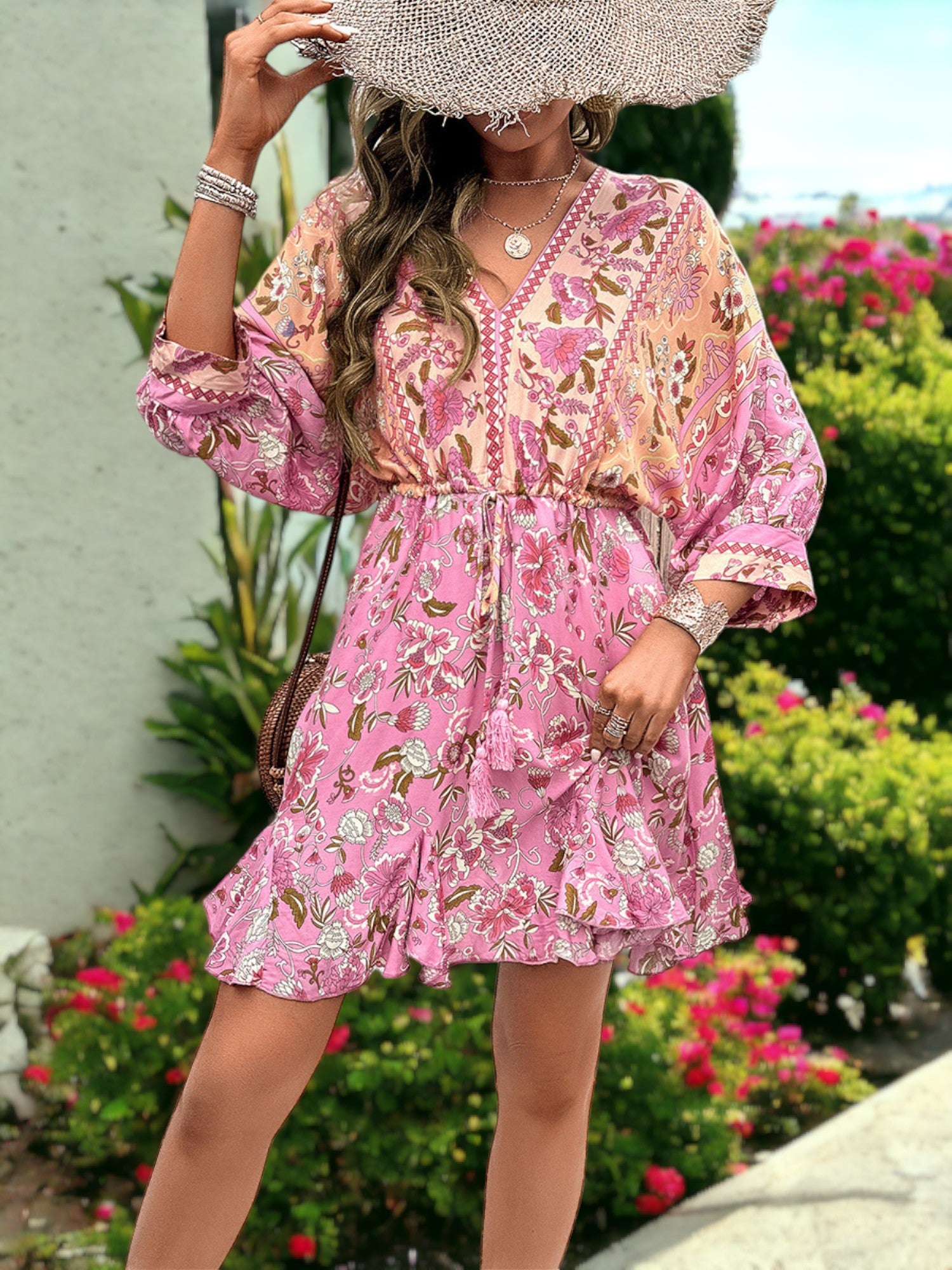 Drawstring Boho Paisley Printed V-Neck Bishop Sleeved Mini Dress - Picture 5 of 5