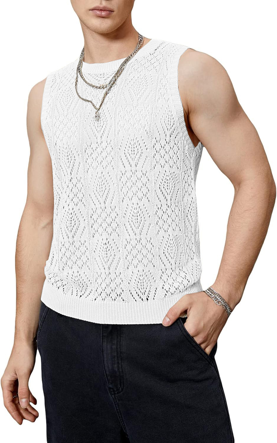 Summer Top Sleeveless Round Neck Hollow Out Jacquard Vest Cool &breathable Men's - Picture 23 of 25