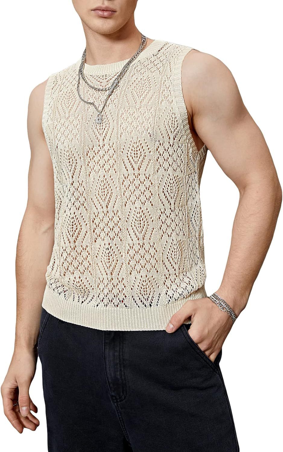 Summer Top Sleeveless Round Neck Hollow Out Jacquard Vest Cool &breathable Men's - Picture 25 of 25
