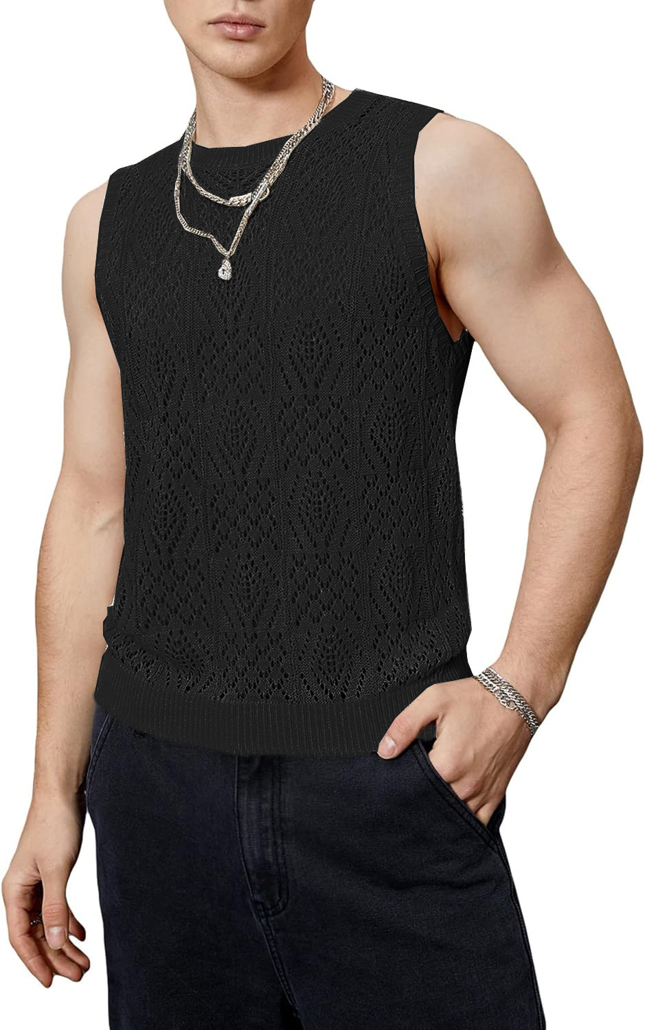 Summer Top Sleeveless Round Neck Hollow Out Jacquard Vest Cool &breathable Men's - Picture 21 of 25