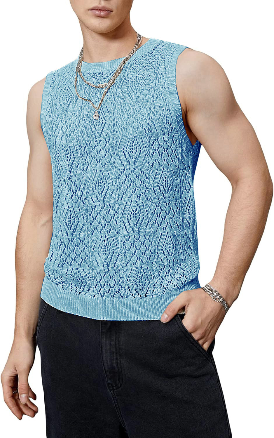 Summer Top Sleeveless Round Neck Hollow Out Jacquard Vest Cool &breathable Men's - Picture 22 of 25