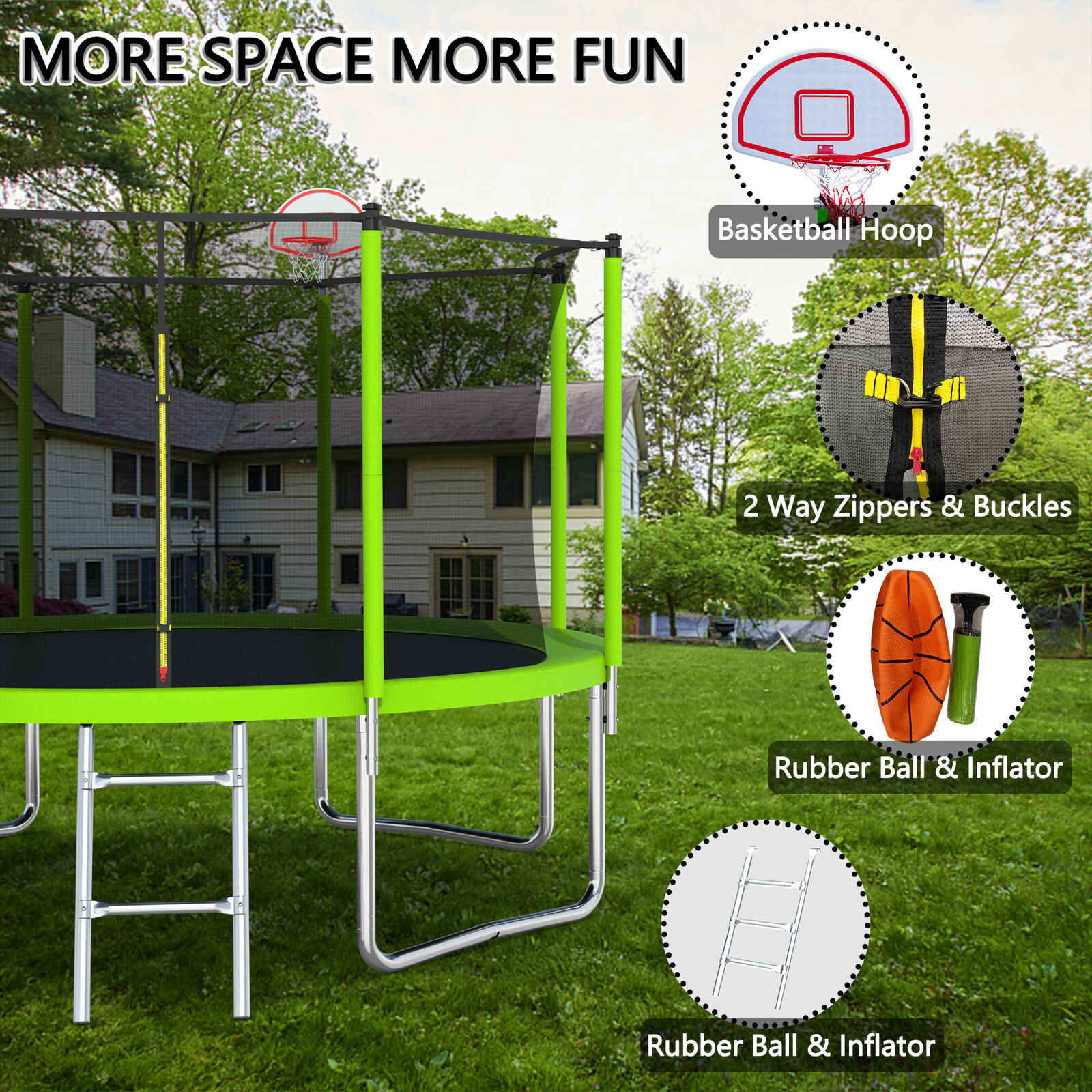 12FT Trampoline Green for Kids & Adults with Basketball Hoop and Ball