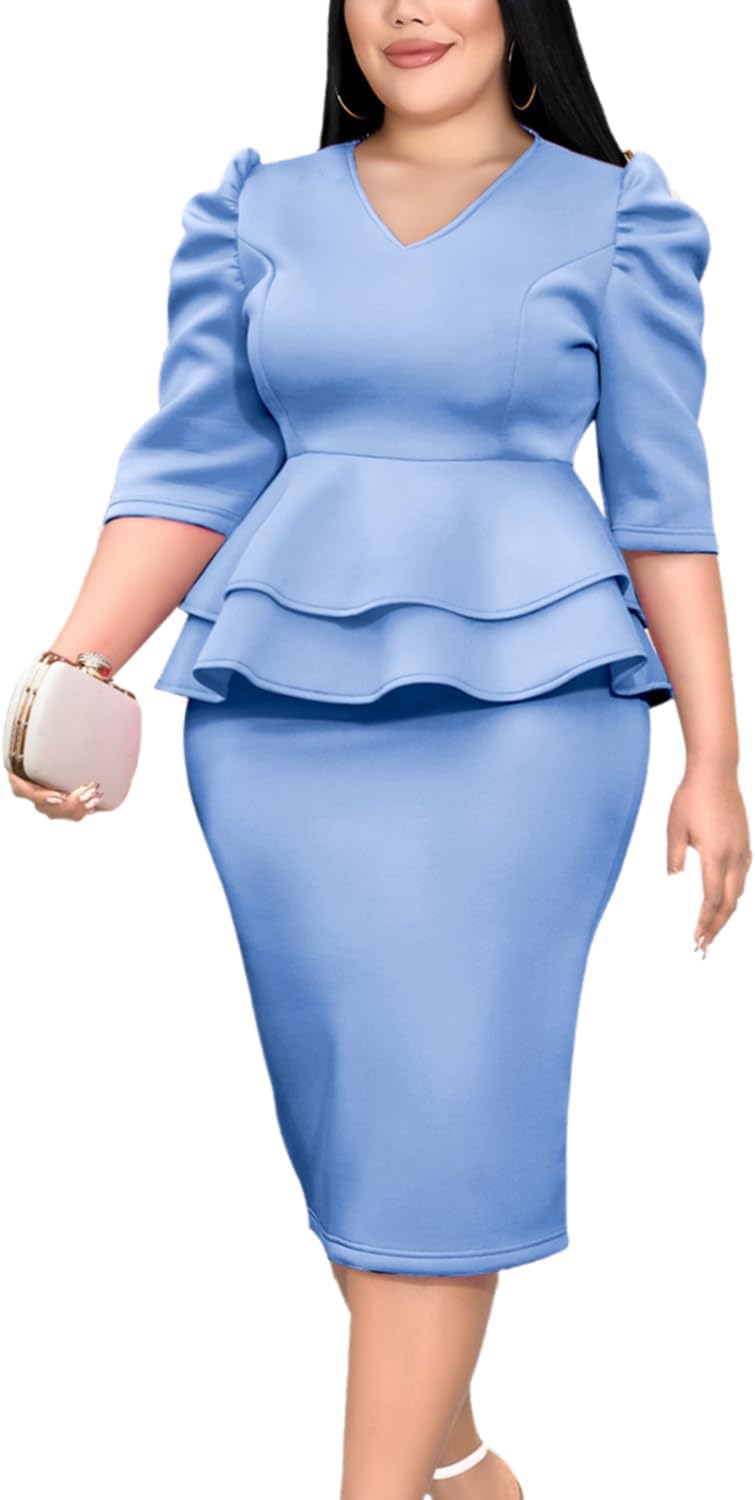 AOMEI Damen Peplum Party Midi Kleid Kirche Arbeit Business Bodycon Kleider S-4XL - Bild 6 von 19