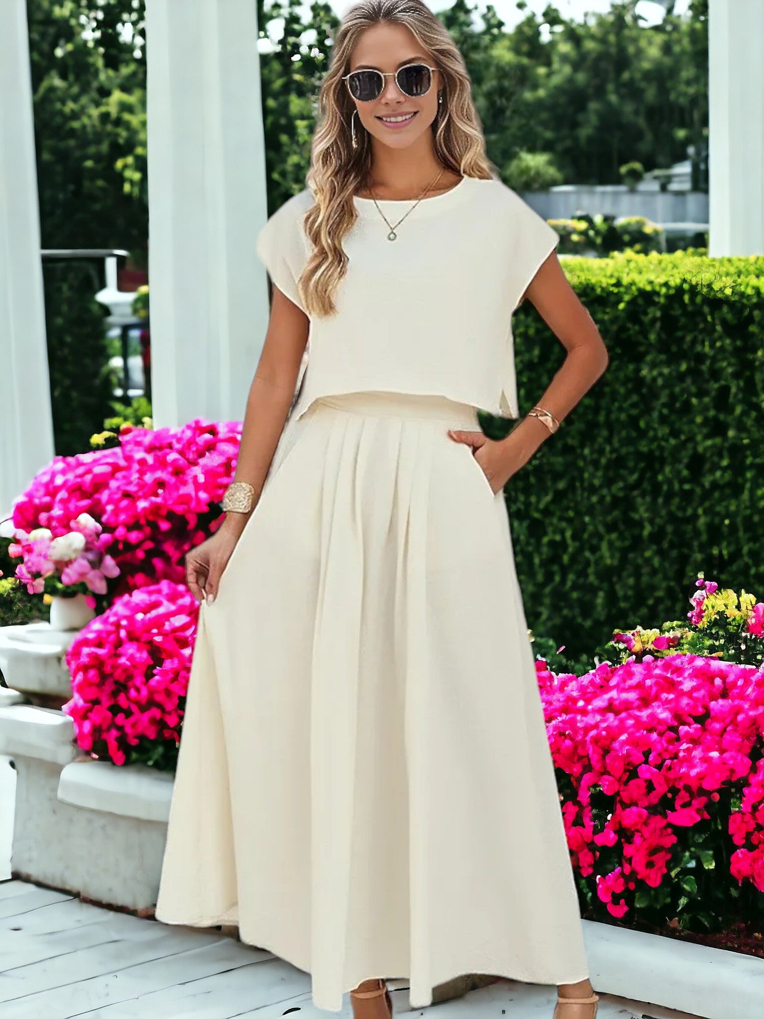 Two Piece Set Casual Short Sleeved Crop Top And Long Skirt - Picture 16 of 16
