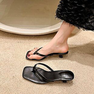 Women Summer Kitten Heel Square Toe Slippers Slip On Flip Flops Shoes Slippers